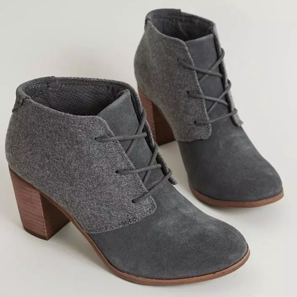 Toms Shoes - Toms Lunata‎ Grey Suede Block Heeled Lace-Up Booties 9.5